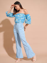 Women's Blue Party Floral Half Sleeves Jumpsuit