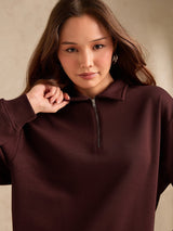 Women's Brown Solid Oversized Zipper Sweatshirt