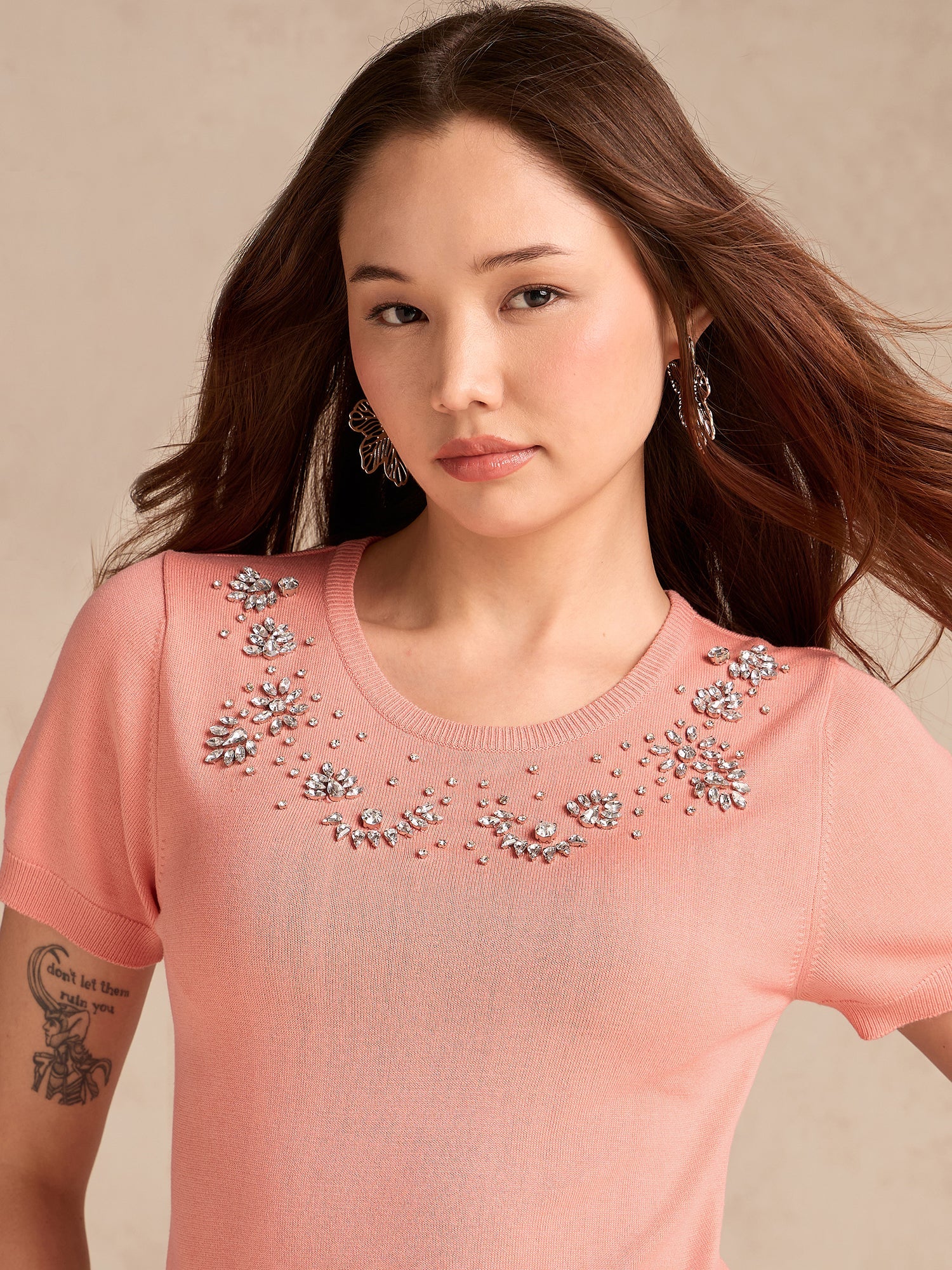 Women's Peach Relaxed Knittedstudded Top