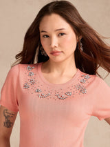 Women's Peach Relaxed Knittedstudded Top
