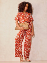 Women's Orange Abstract Print Top and Pants Co Ord Set