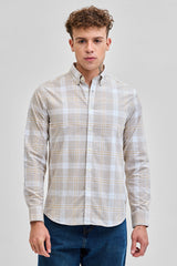 Men's Beige Casual Slim Fit Checkered Full Sleeves Shirt