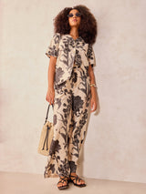 Women's Off White Floral Printed Top and Pants Co Ord Set