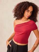 Women's Red Textured One Shoulder Knit Top
