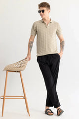 Men's Beige Casual Slim Fit Textured Half Sleeves Polo Tshirt
