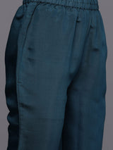 Women's Blue Floral Embroidered Mirror Work Chanderi Silk Kurta With Trousers & With Dupatta