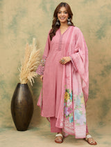 Women's Pink Straight Fit Kurta With Bell Sleeves Solid Ankle Length Trousers