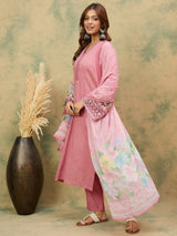Women's Pink Straight Fit Kurta With Bell Sleeves Solid Ankle Length Trousers