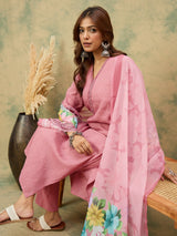 Women's Pink Straight Fit Kurta With Bell Sleeves Solid Ankle Length Trousers