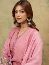 Women's Pink Straight Fit Kurta With Bell Sleeves Solid Ankle Length Trousers