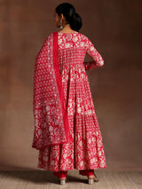 Women's Pink Floral Printed Panelled a-line Kurta with Solid Trouser and Printed Dupatta