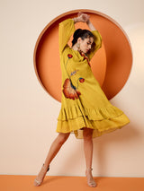 Women's Yellow Chiffon Embroide A-Line Knee Length Dress