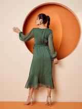 Women's Green Puff Sleeve Chiffon Embroide A-Line Midi Dress
