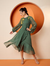 Women's Green Puff Sleeve Chiffon Embroide A-Line Midi Dress