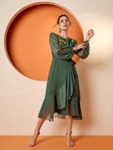 Women's Green Puff Sleeve Chiffon Embroide A-Line Midi Dress