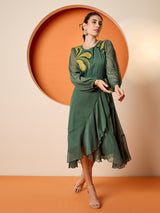 Women's Green Puff Sleeve Chiffon Embroide A-Line Midi Dress