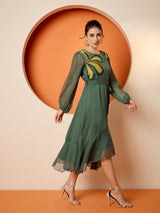 Women's Green Puff Sleeve Chiffon Embroide A-Line Midi Dress