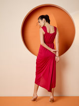 Women's Pink Square Neck A-Line Midi Dress with Jacket