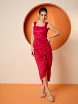 Women's Pink Square Neck A-Line Midi Dress with Jacket