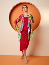 Women's Pink Square Neck A-Line Midi Dress with Jacket