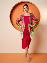 Women's Pink Square Neck A-Line Midi Dress with Jacket