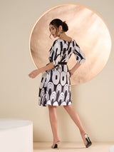 Women's Black & White Print Laye Satin Fit & Flare Dress