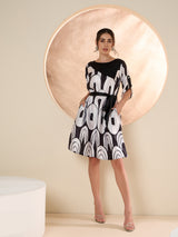 Women's Black & White Print Laye Satin Fit & Flare Dress