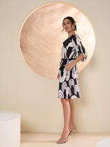 Women's Black & White Print Laye Satin Fit & Flare Dress