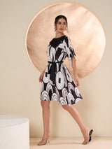 Women's Black & White Print Laye Satin Fit & Flare Dress