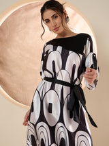 Women's Black & White Print Laye Satin Fit & Flare Dress