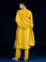 Women's Yellow Vichitra Bead Embellished Round Neck Kurta Set