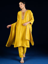 Women's Yellow Vichitra Bead Embellished Round Neck Kurta Set