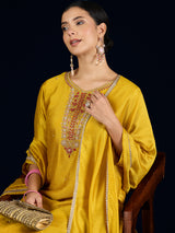 Women's Yellow Vichitra Bead Embellished Round Neck Kurta Set