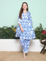 Women's Blue Ethnic Three Quarter Sleeves Kurta Set
