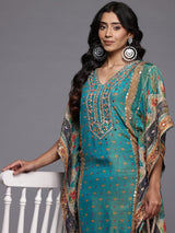 Women's Teal Blue Pure Silk Gotta And Mirror Work Kaftan With Tulip Pants