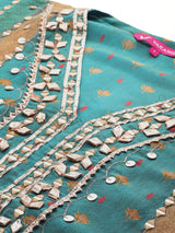 Women's Teal Blue Pure Silk Gotta And Mirror Work Kaftan With Tulip Pants