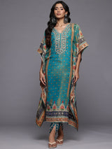 Women's Teal Blue Pure Silk Gotta And Mirror Work Kaftan With Tulip Pants