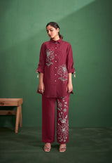 Women's Red Work Regular Fit Embroidered Three Quarter Sleeves Co-Ord Sets