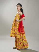 Girls Yellow Floral Printed Anarkali Shape Kurta with Elasticated Sharara and Dupatta