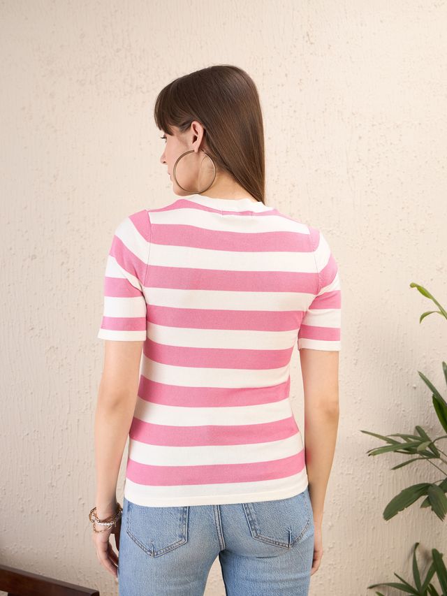 Women's Pink & White Striped Acrylic Top