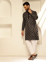 Men's Black Cotton Silk Thread Embroidered Long Kurta with Golden Accents