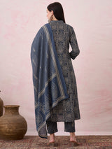 Women's Blue Printed Festive Kurta Set with Palazzo and Dupatta