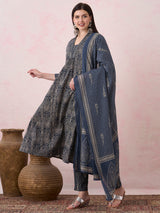 Women's Blue Printed Festive Kurta Set with Palazzo and Dupatta