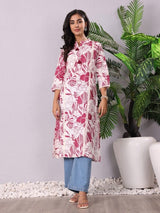 Women's Floral Printed Mandarin Collar Panelled Cotton A Line Kurta