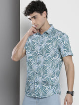 Men's Green Regular Fit Floral Printed Half Sleeves Spread Collar Casual Shirt