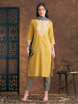 Women's Yellow Ethnic Floral Printed Embroidered Straight Fit Kurta with Pant and Dupatta