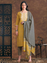 Women's Yellow Ethnic Floral Printed Embroidered Straight Fit Kurta with Pant and Dupatta