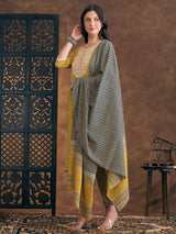 Women's Yellow Ethnic Floral Printed Embroidered Straight Fit Kurta with Pant and Dupatta