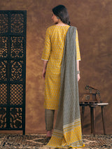 Women's Yellow Ethnic Floral Printed Embroidered Straight Fit Kurta with Pant and Dupatta