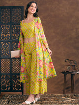 Women's Green Ethnic Floral Printed Crop Top with Embroidered Printed Long Jacket and Flared Palazzo